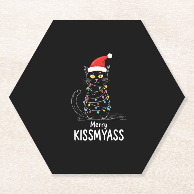 Merry Kissmyass Funny Cat Christmas Lights Premium Paper Coaster (Front)