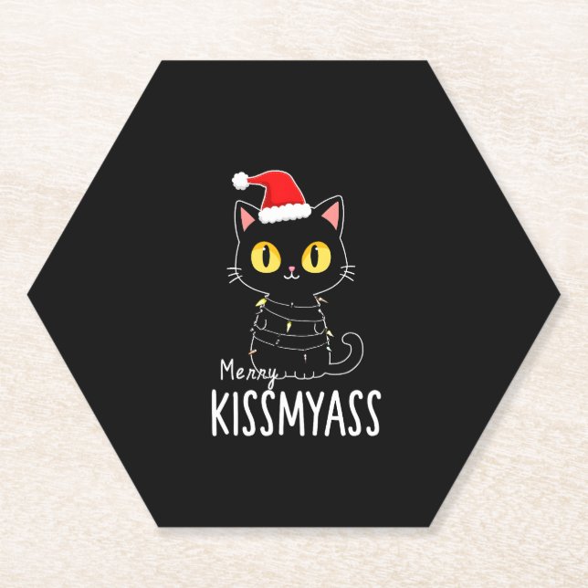 Merry Kissmyass Funny Cat Christmas Lights Premium Paper Coaster (Front)