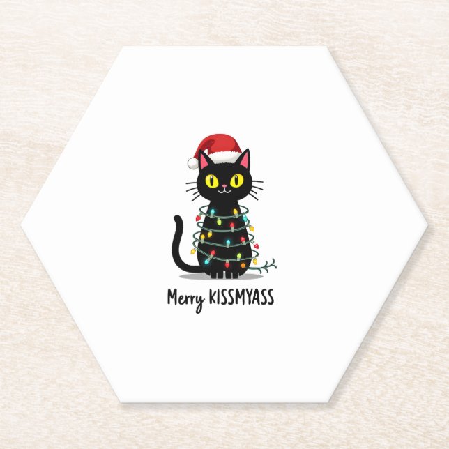 Merry Kissmyass Funny Cat Christmas Lights Premium Paper Coaster (Front)