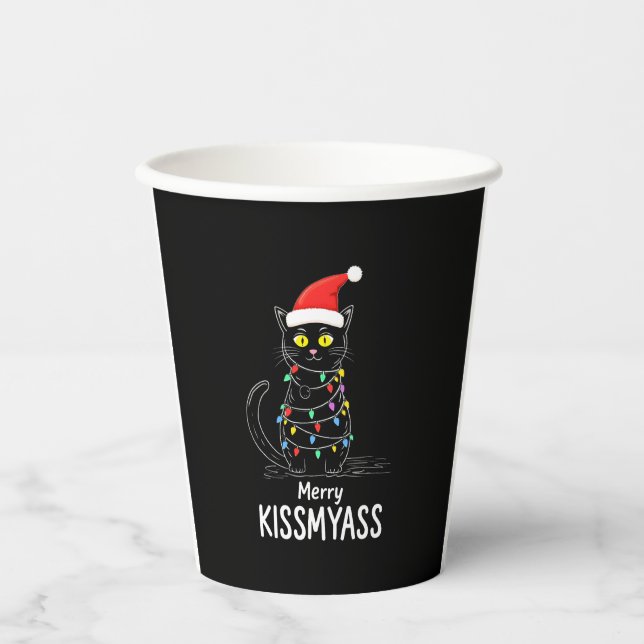 Merry Kissmyass Funny Cat Christmas Lights Premium Paper Cups (Front)