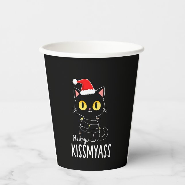 Merry Kissmyass Funny Cat Christmas Lights Premium Paper Cups (Front)