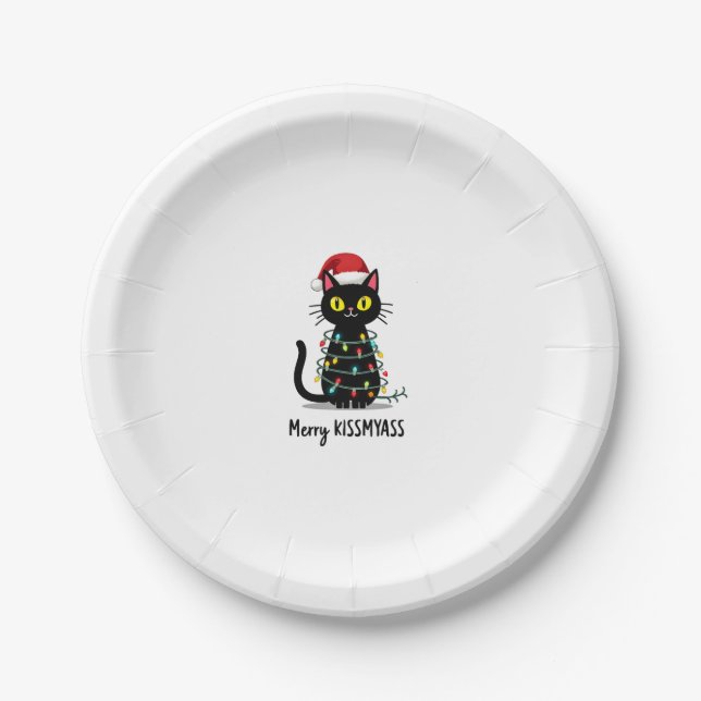Merry Kissmyass Funny Cat Christmas Lights Premium Paper Plate (Front)