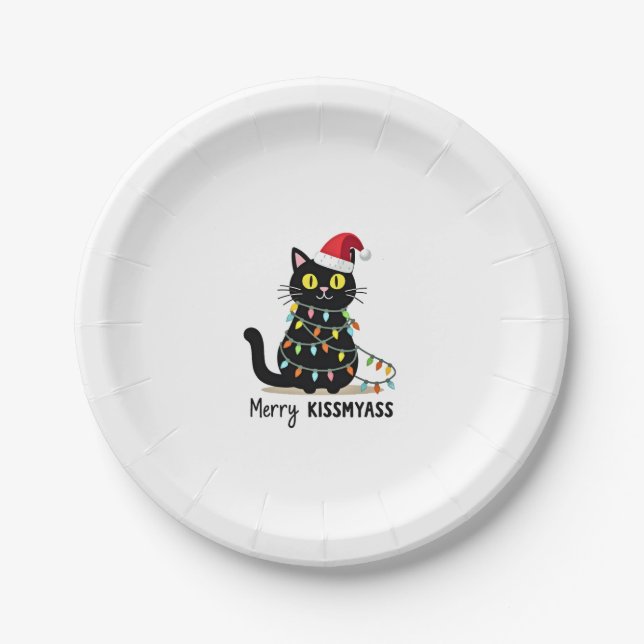 Merry Kissmyass Funny Cat Christmas Lights Premium Paper Plate (Front)
