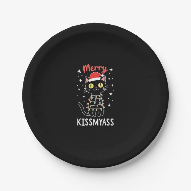 Merry Kissmyass Funny Cat Christmas Lights Premium Paper Plate (Front)