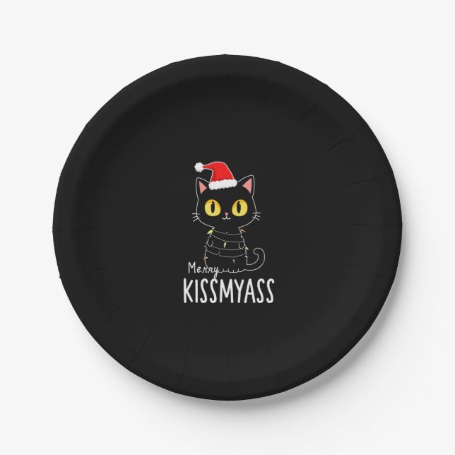 Merry Kissmyass Funny Cat Christmas Lights Premium Paper Plate (Front)