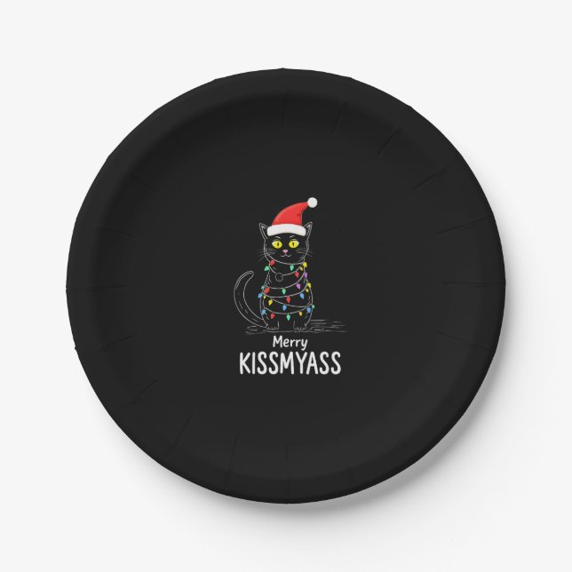 Merry Kissmyass Funny Cat Christmas Lights Premium Paper Plate (Front)