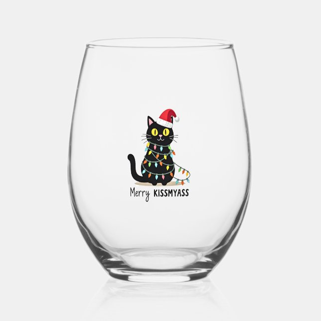 Merry Kissmyass Funny Cat Christmas Lights Premium Stemless Wine Glass (Front)