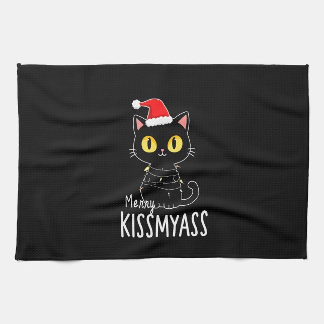 Merry Kissmyass Funny Cat Christmas Lights Premium Tea Towel (Horizontal)