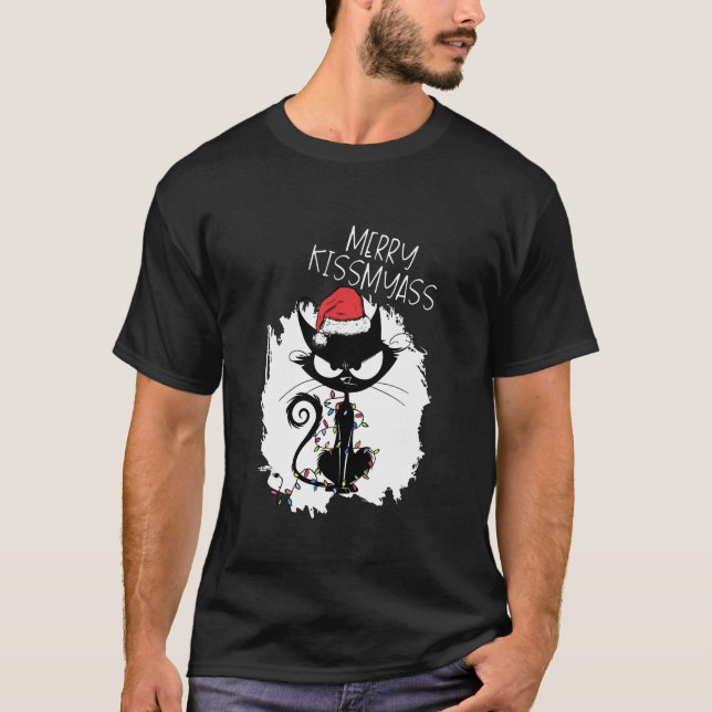 Merry KissMyAss Funny Cat Tangled in Lights Christ T-Shirt (Front)