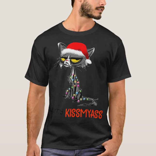Merry Kissmyass Funny Christmas Black Cat  T-Shirt (Front)