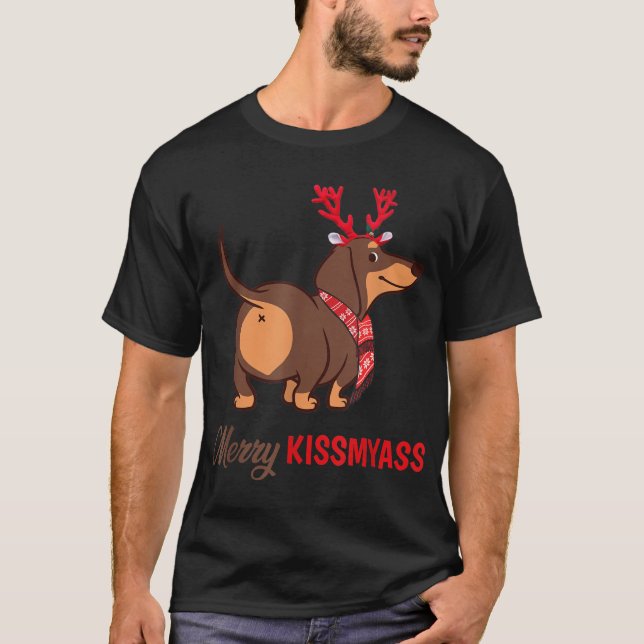 Merry Kissmyass Funny Christmas Reindeer Dachshund T-Shirt (Front)