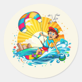 Merry kite surfing illustration. classic round sticker