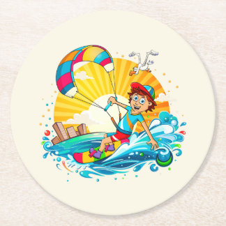 Merry kite surfing illustration. round paper coaster