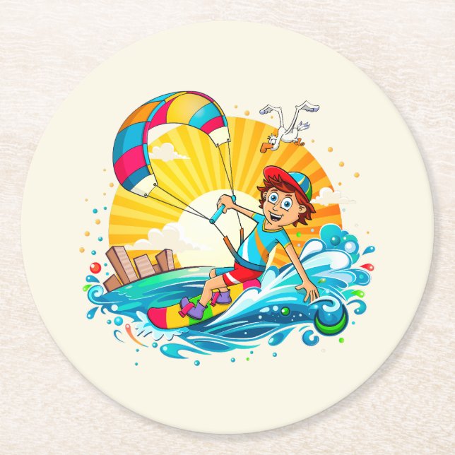 Merry kite surfing illustration. round paper coaster (Front)
