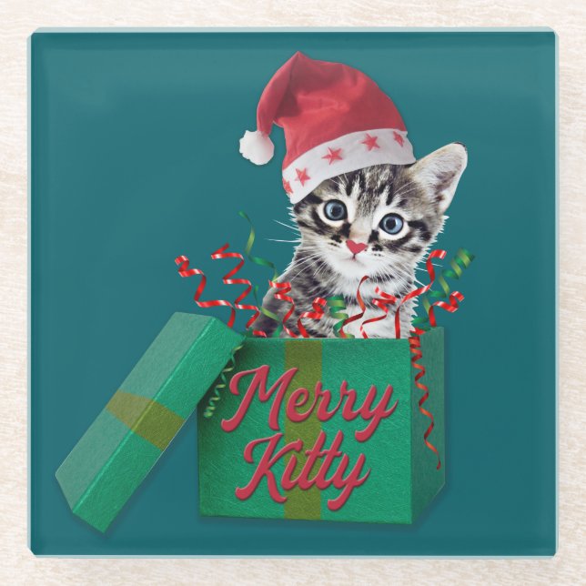 Merry Kitty, Merry Christmas Glass Coaster (Front)