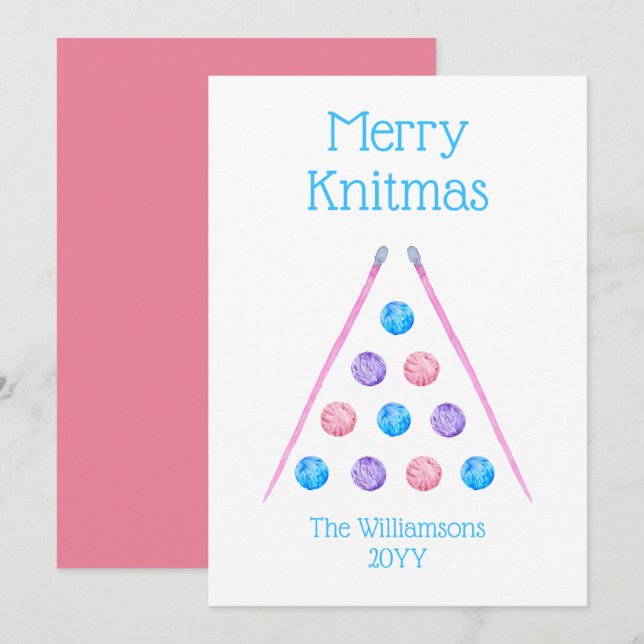 Merry Knitmas Pink Retro Watercolor Yarn Holiday Card (Front/Back)