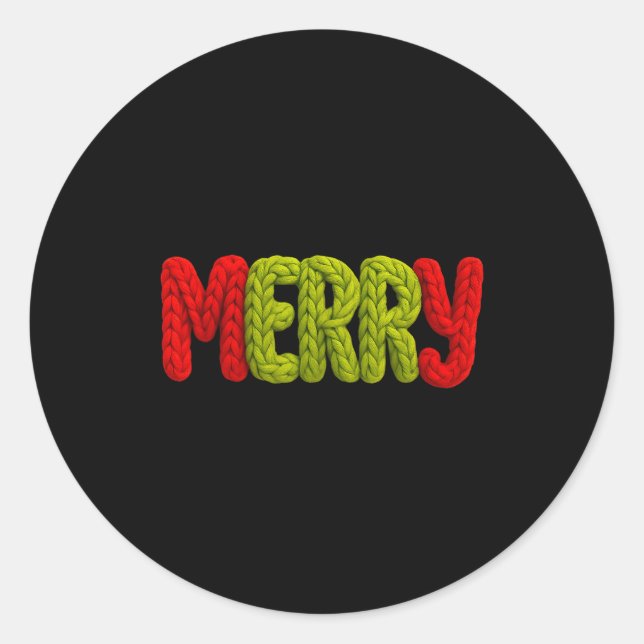 Merry Knitted Letters Crochet Xmas Pajamas Holiday Classic Round Sticker (Front)