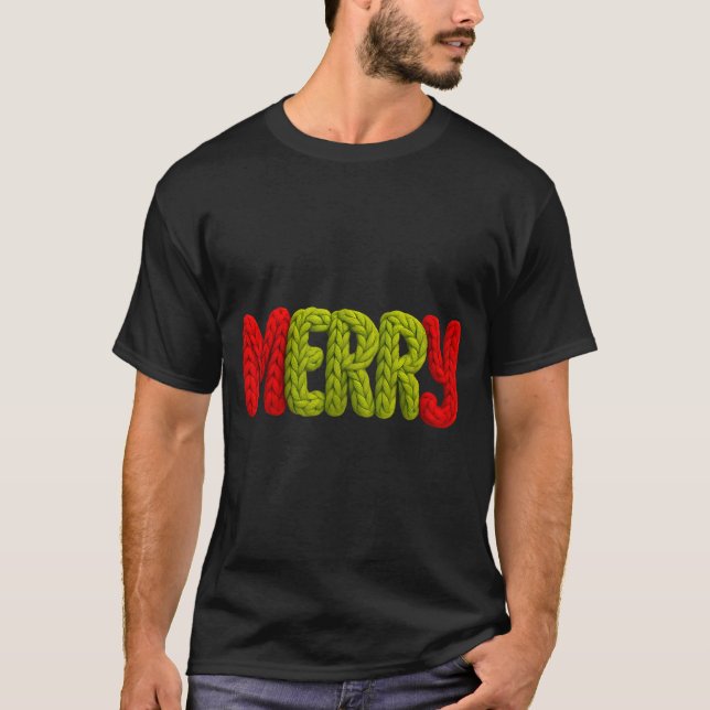 Merry Knitted Letters Crochet Xmas Pajamas Holiday T-Shirt (Front)
