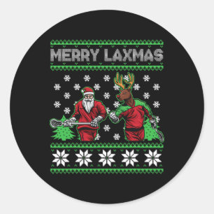 Merry Laxmas Christmas Lacrosse Playing Santa Rein Classic Round Sticker