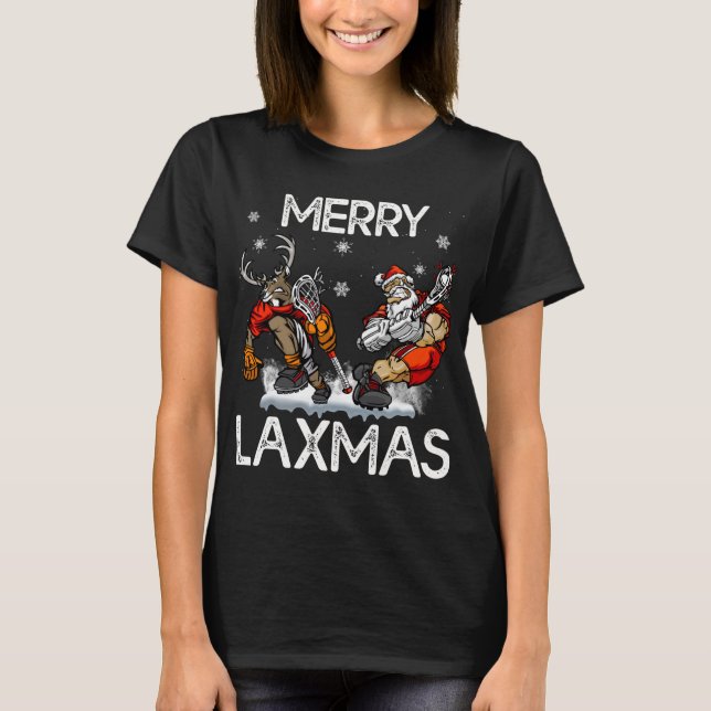 Merry LAXMAS Ugly Christmas Lacrosse Santa Reindee T-Shirt (Front)