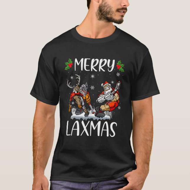 Merry LAXMAS Ugly Christmas Lacrosse Santa Reindee T-Shirt (Front)