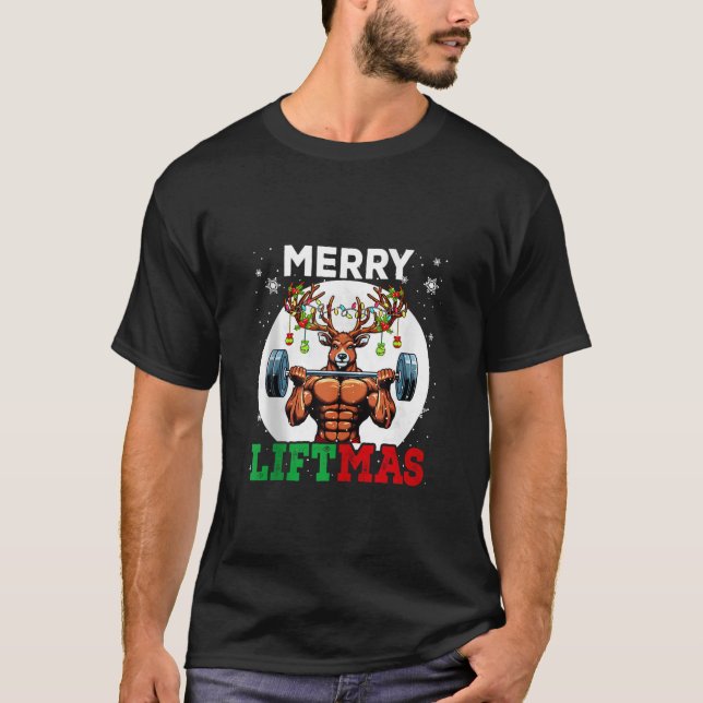 Merry Liftma s Christmas Reindeer Weightlifting Gy T-Shirt (Front)