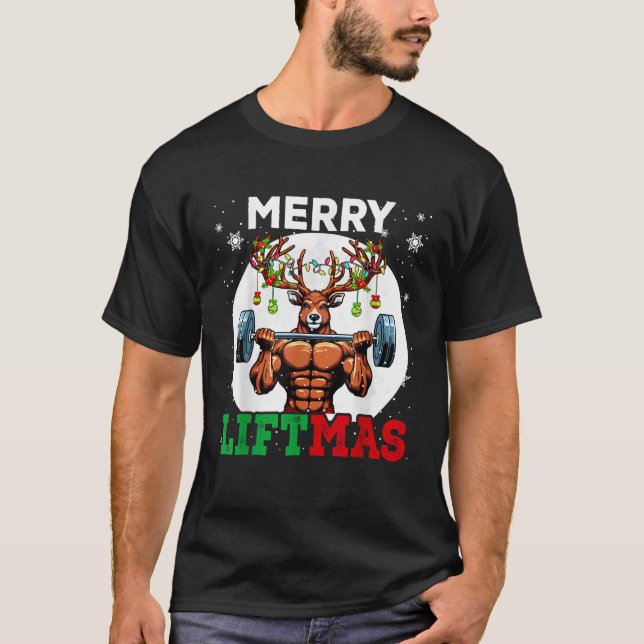 Merry Liftma s Christmas Reindeer Weightlifting Gy T-Shirt (Front)