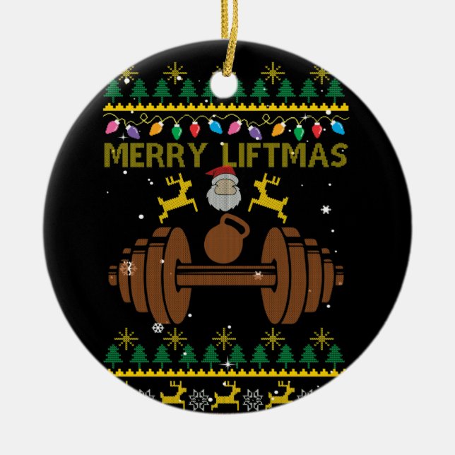 Merry Liftmas Fitness Weightlifting Bodybuilder Ceramic Tree Decoration (Front)