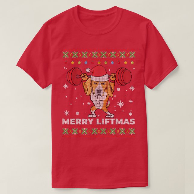 Merry Liftmas Weightlifting and Beagle Dog Ugly Sw T-Shirt (Design Front)