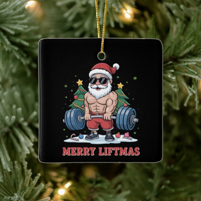Merry Liftmas Weightlifting Santa Fitness Gym Ceramic Ornament (Tree)