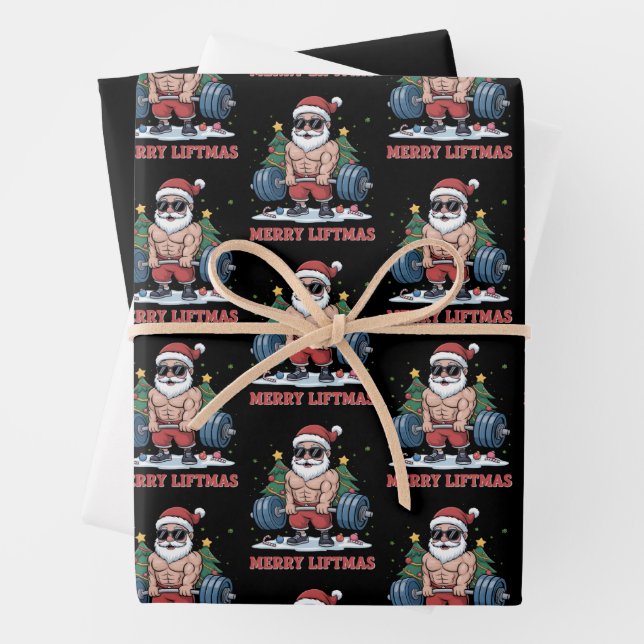 Merry Liftmas Weightlifting Santa Fitness Gym Wrapping Paper Sheet (In situ)