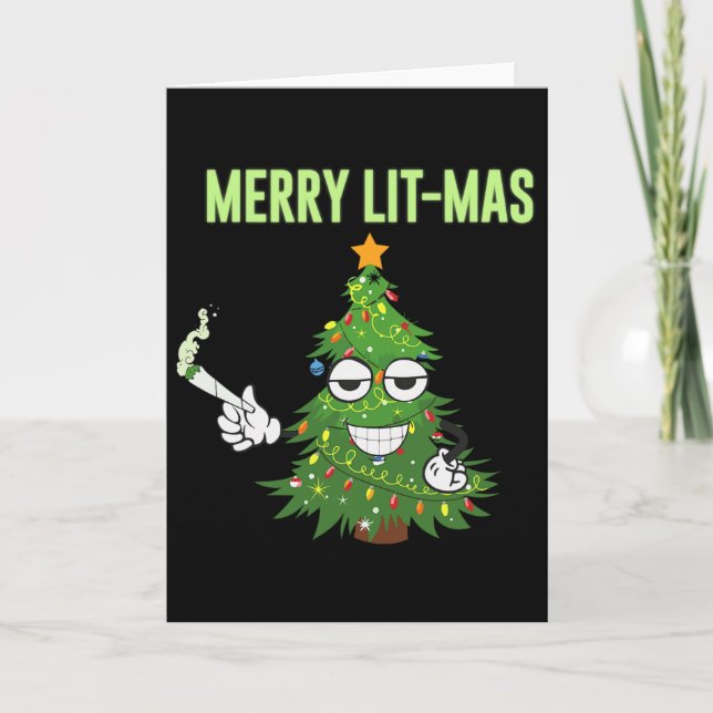Merry Lit-mas Christmas Trees Lights Funny Couples Card (Front)