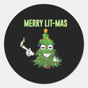 Merry Lit-mas Christmas Trees Lights Funny Couples Classic Round Sticker
