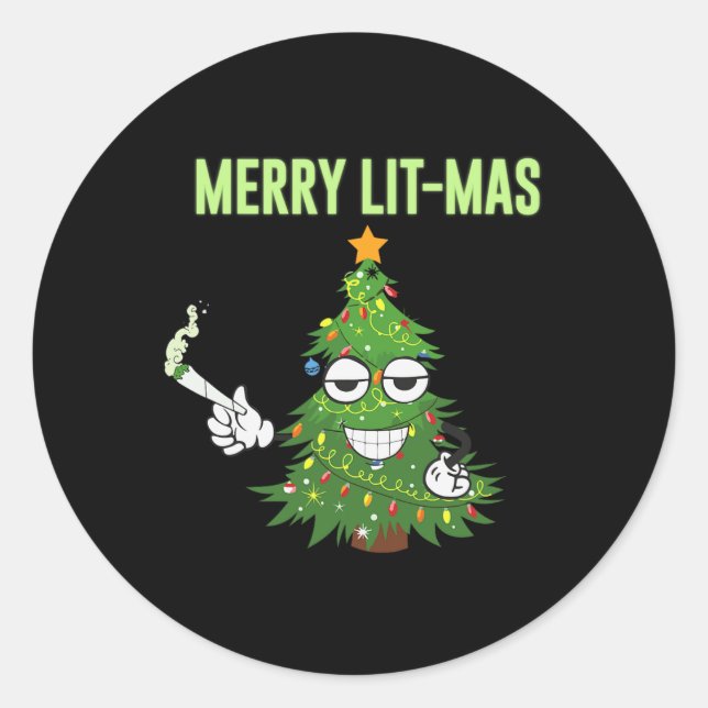 Merry Lit-mas Christmas Trees Lights Funny Couples Classic Round Sticker (Front)