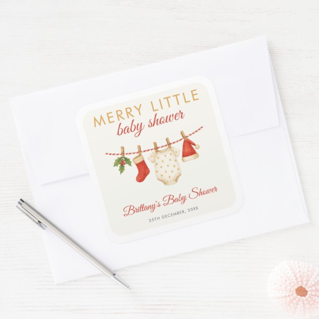 Merry Little Baby Clothesline Baby Shower  Square Sticker (Envelope)