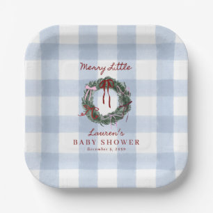 Merry Little Baby Shower Blue Gingham Paper Plate
