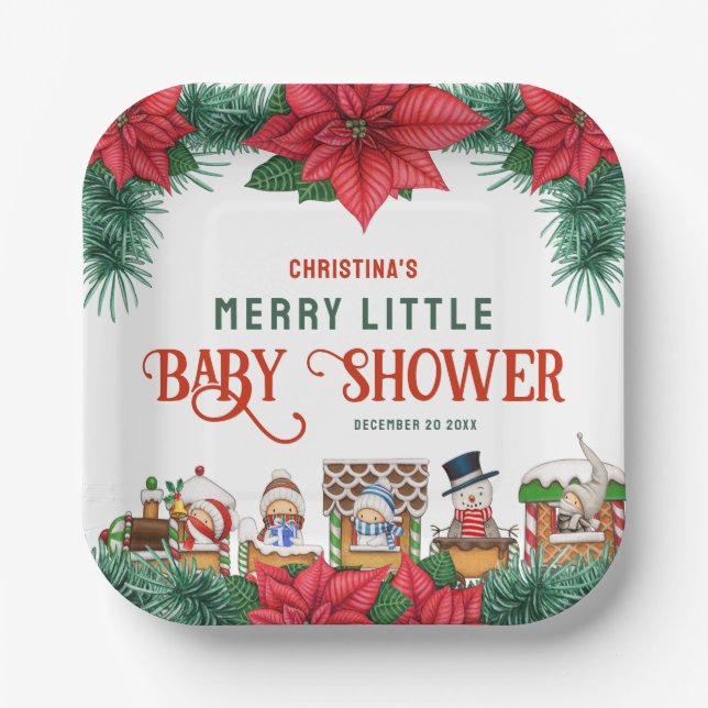 Merry Little Baby Shower Christmas Themed Winter  Paper Plate (Front)