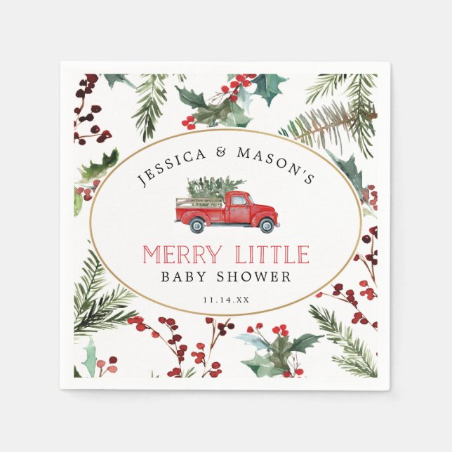 Merry Little Baby Shower Cocktail Napkin Red Truck (Front)