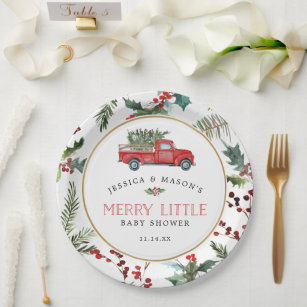Merry Little Baby Shower Paper Plates Red Truck