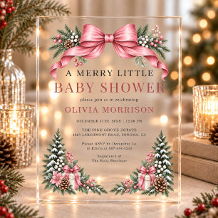 Merry Little Baby Shower Pink Bow Acrylic Invitations