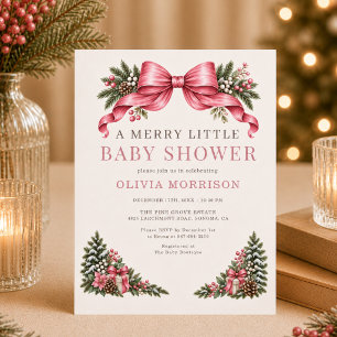 Merry Little Baby Shower Pink Bow Invitation