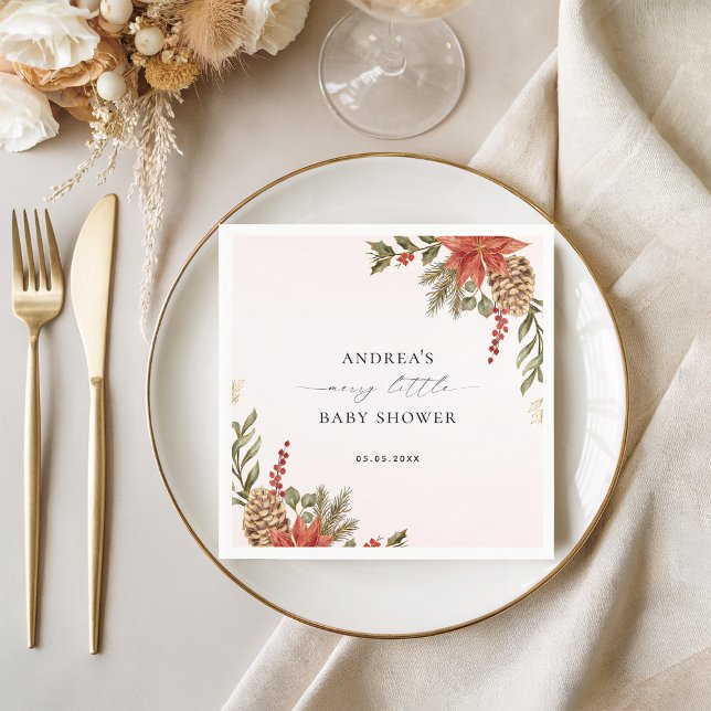 Merry Little Baby Shower Pink Red & Gold Christmas Napkin (Creator Uploaded)