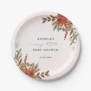 Merry Little Baby Shower Pink Red & Gold Christmas Paper Plate