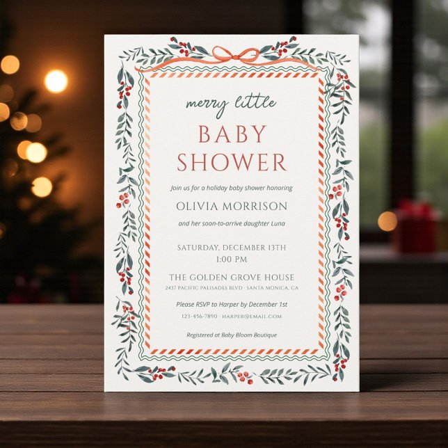Merry Little Baby Shower Red Bow Christmas Invitation (Creator Uploaded)