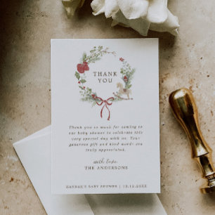 Merry Little Baby Shower Red Bow Wreath Thank You Card