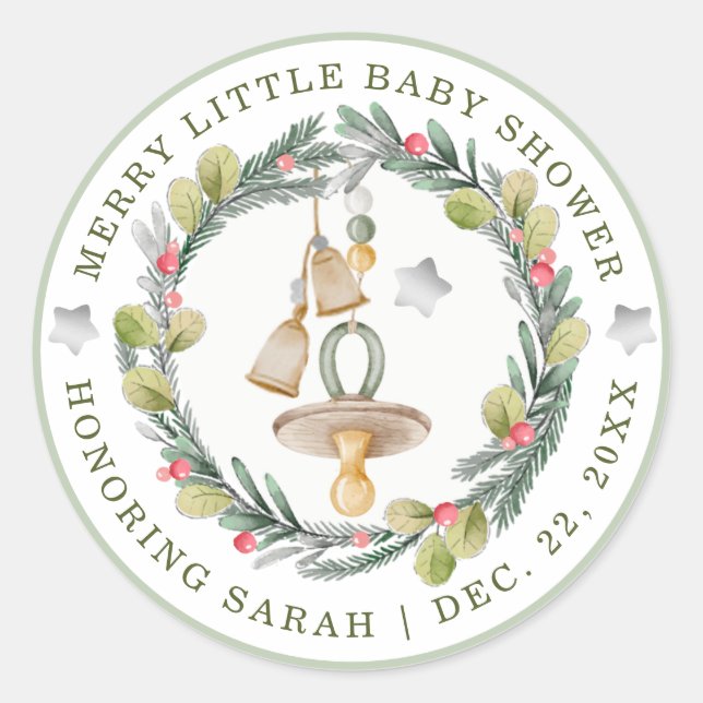 Merry Little Baby Shower Round Stickers (Front)