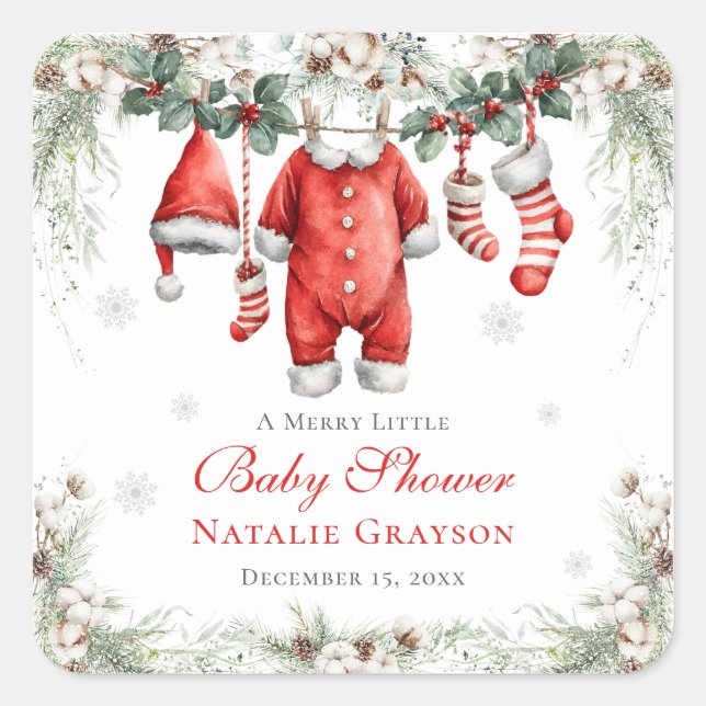 Merry Little Baby Shower Santa Clothesline Square Sticker (Front)