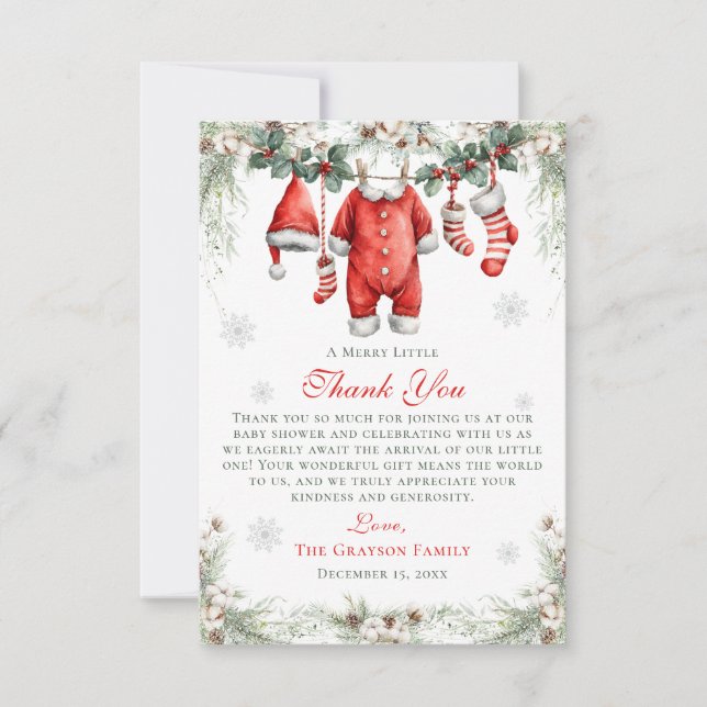 Merry Little Baby Shower Santa Clothesline Thank You Card (Front)