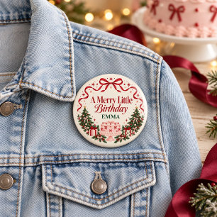 Merry Little Birthday Christmas Trees Pink Cake 7.5 Cm Round Badge