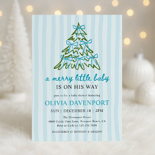 Merry Little Blue Bow Christmas Boy Baby Shower Invitation